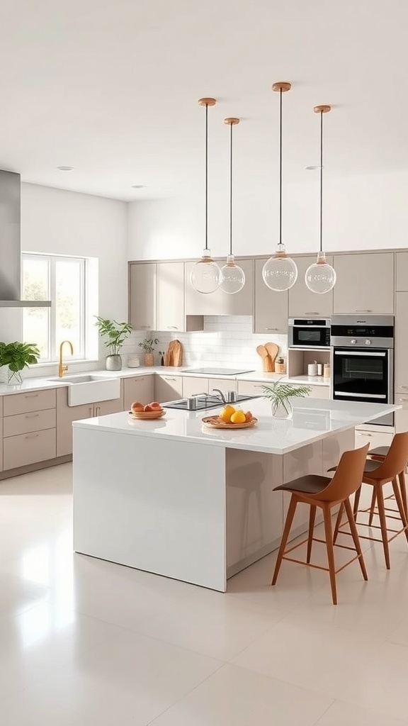A modern kitchen with a functional island that includes a cooktop and bar stools.