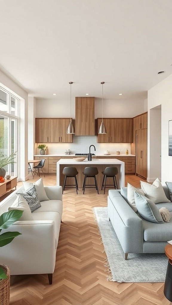 Bright open concept kitchen with light wood cabinetry and herringbone flooring