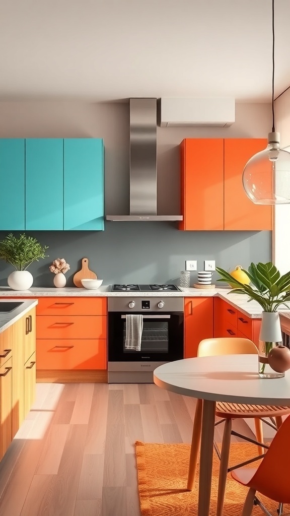 A modern kitchen with vibrant turquoise and orange cabinetry, a sleek stove, and an inviting dining setup.