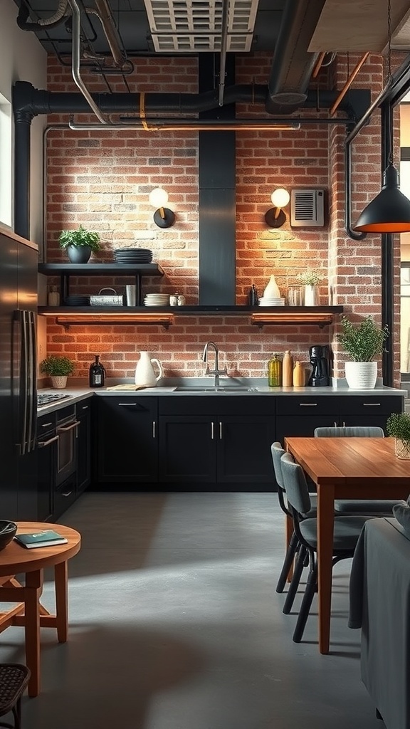 A chic modern kitchen showcasing industrial style with exposed brick, dark cabinetry, open shelving, and a wooden dining table.