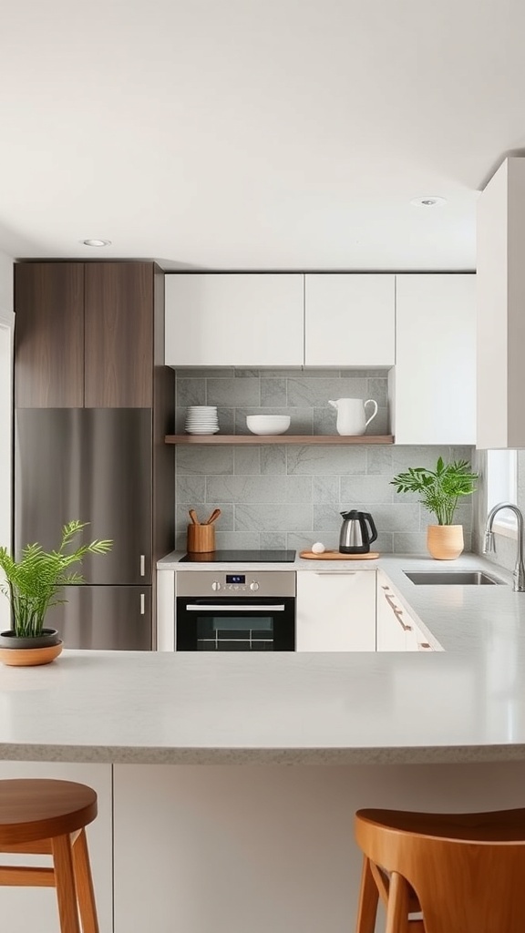 A green modern kitchen featuring cabinet designs made from sustainable materials, including natural wood and recycled countertops.