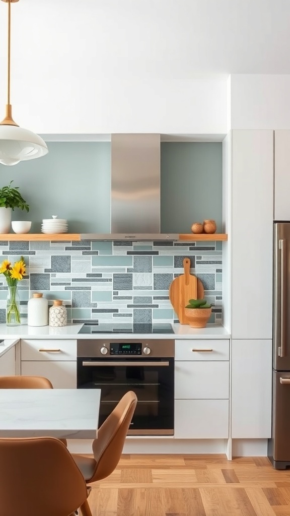 A contemporary kitchen featuring an elegant backsplash of geometric tiles in soft blue and gray.