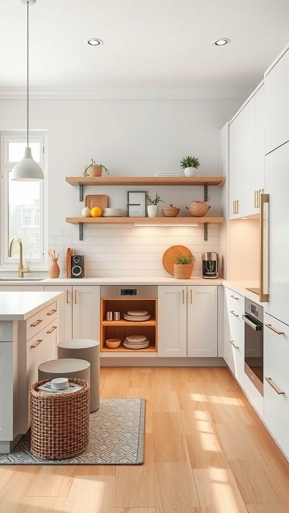 A modern kitchen featuring open shelving, natural wood accents, and innovative storage strategies.