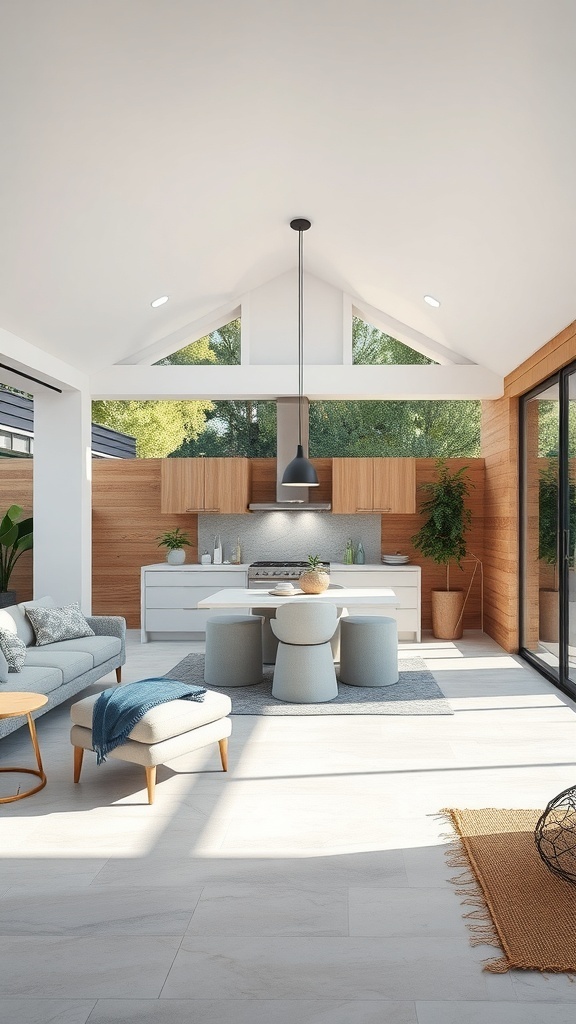 A modern kitchen with expansive glass doors leading to an outdoor area, showcasing natural wood accents and a vibrant light-filled environment.