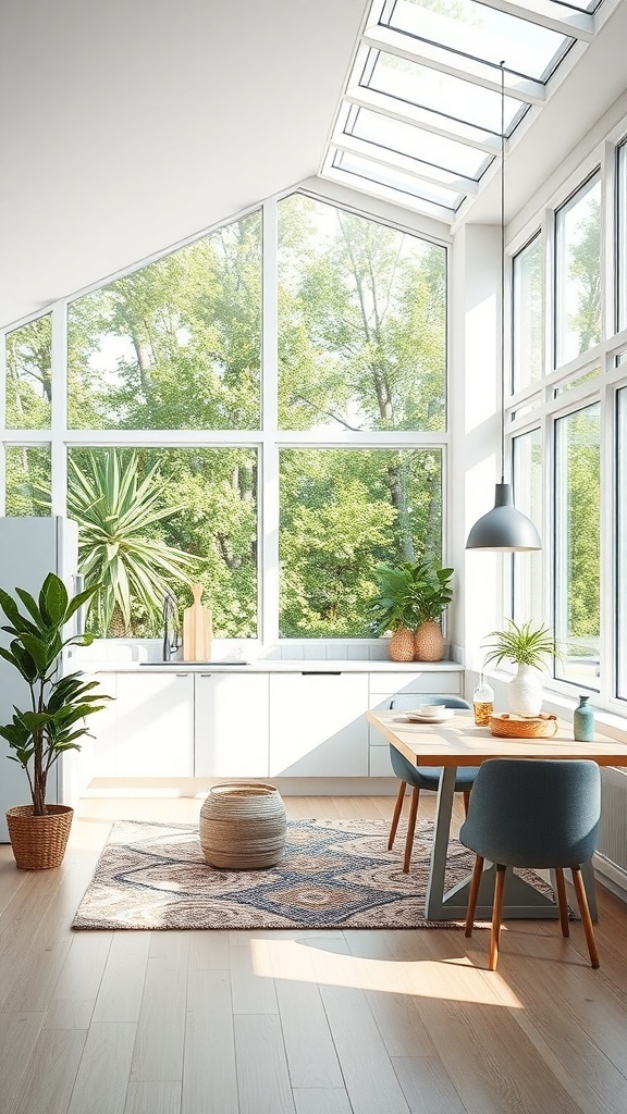 A bright modern kitchen with large windows and a skylight, enhanced by greenery and a wooden dining area.