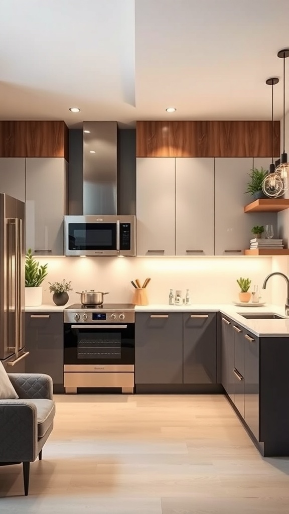 A modern kitchen featuring premium appliances including a stainless steel oven and microwave, sleek cabinetry, and refined decor.