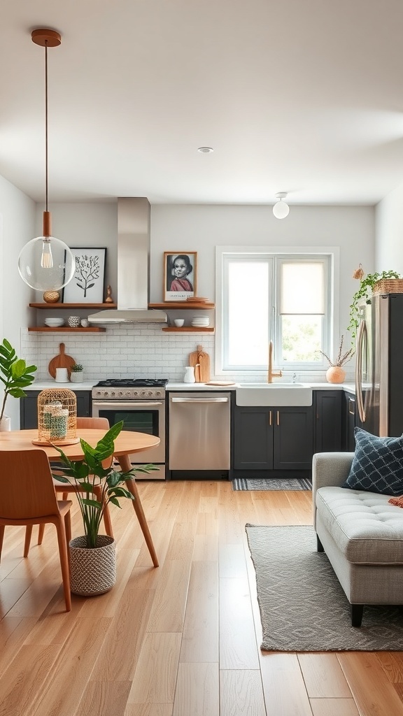 A warm modern kitchen with dark cabinetry, open shelving, a round dining table, and cozy lighting.