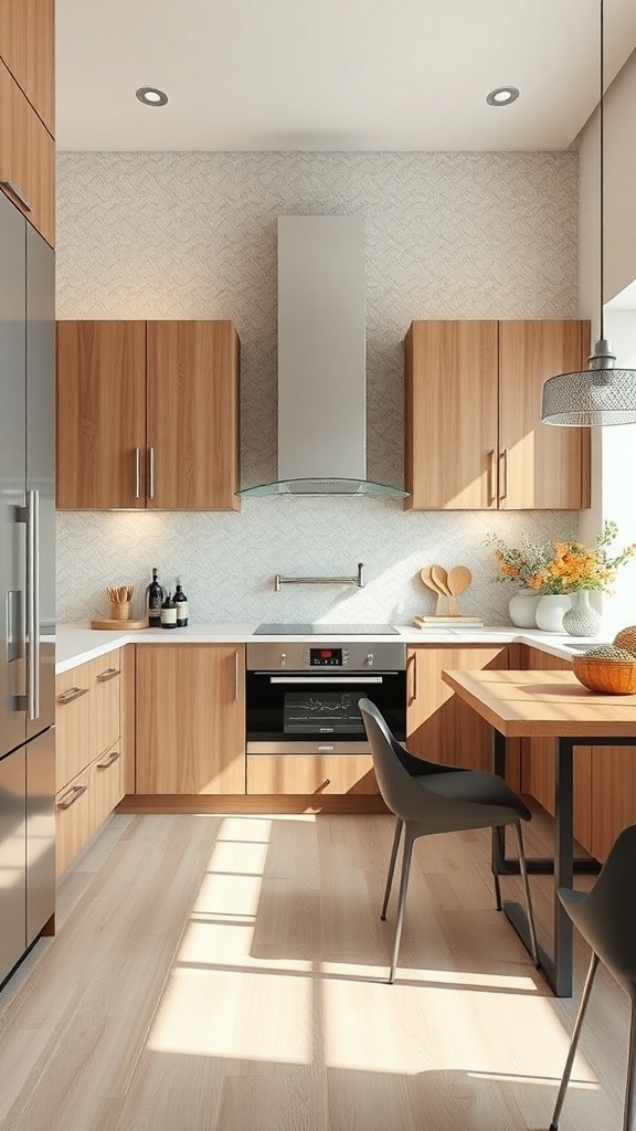 A modern kitchen featuring textured surfaces with wooden cabinetry and a patterned wall.