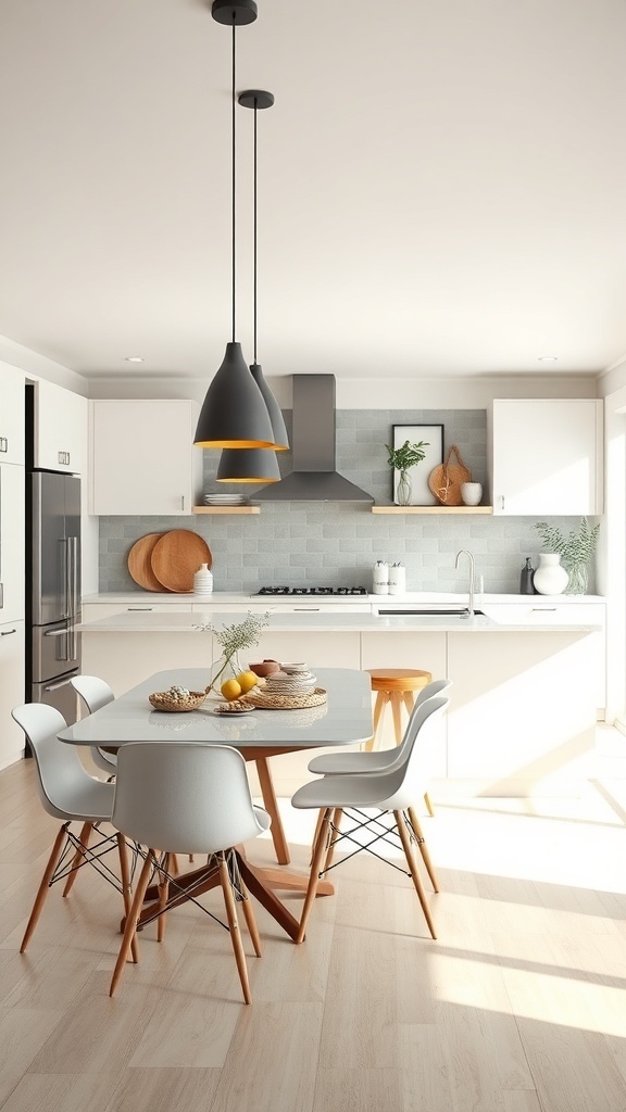 A modern kitchen featuring an integrated dining area with a round table and stylish seating.