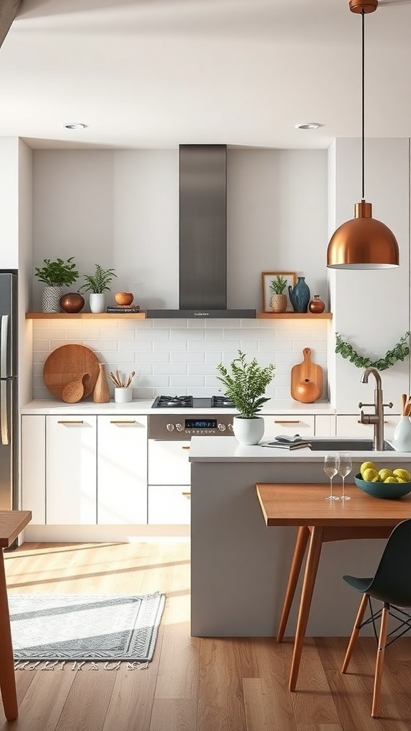 A modern kitchen featuring white cabinetry, wood highlights, and copper pendant lights.