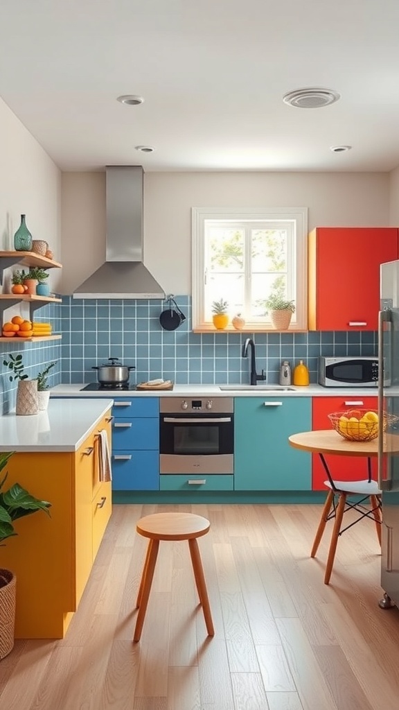 A vibrant modern kitchen showcasing colorful cabinetry in bright hues of yellow, red, and blue, radiating joy.