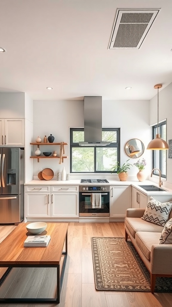 A sleek kitchen featuring a stylish range hood, expansive windows, and an open concept design.