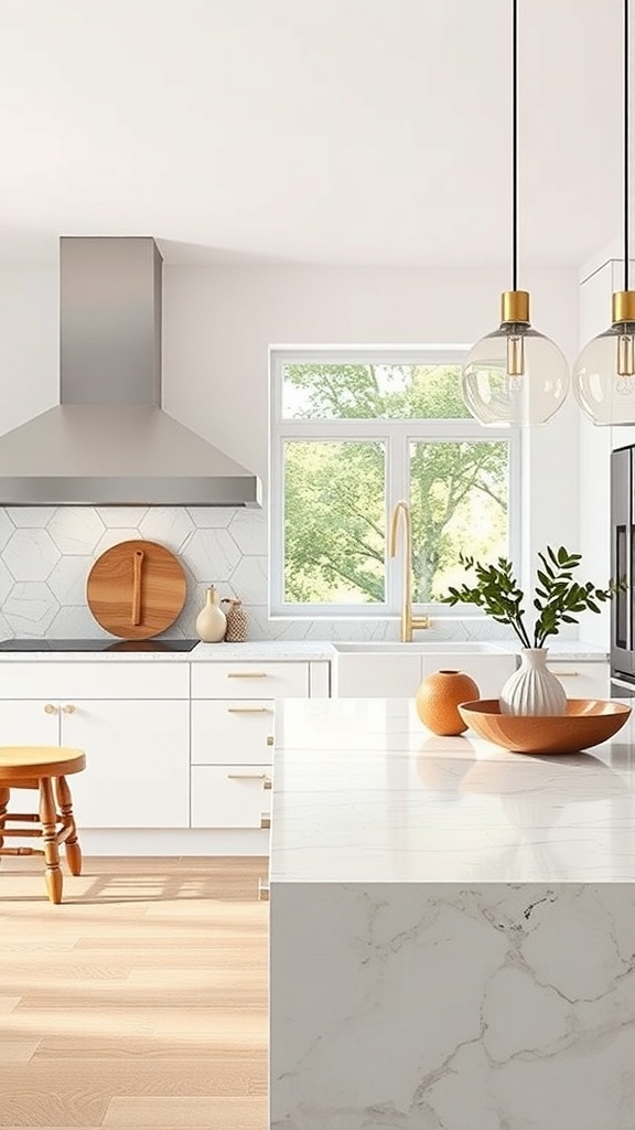 Modern kitchen featuring an elegant white marble countertop and stylish geometric tile backsplash.