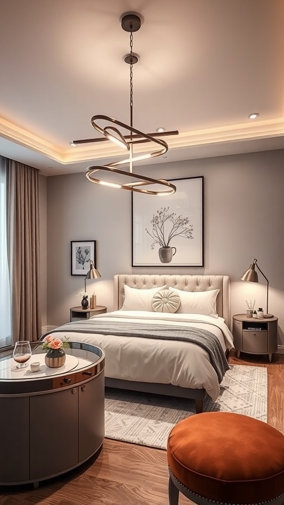Modern bedroom with an eye-catching chandelier and fashionable decor.