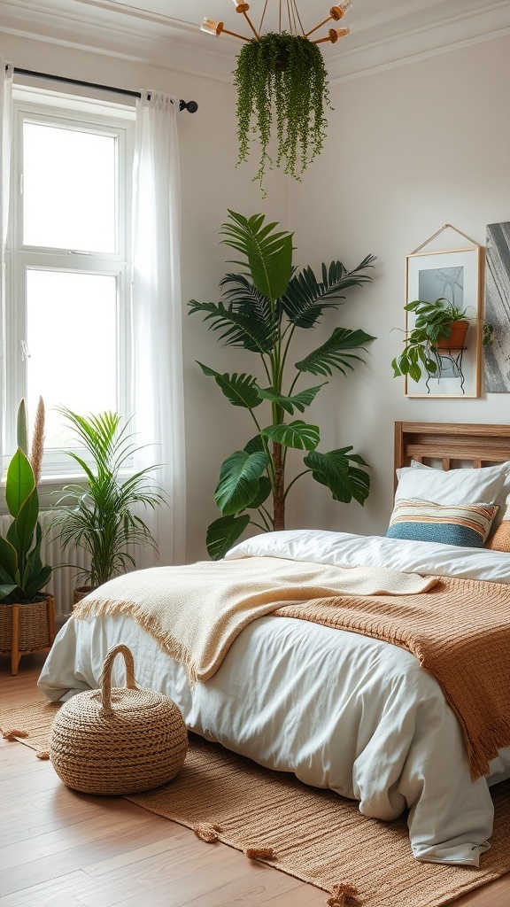 Modern bedroom adorned with plants, soft fabrics, and natural colors.