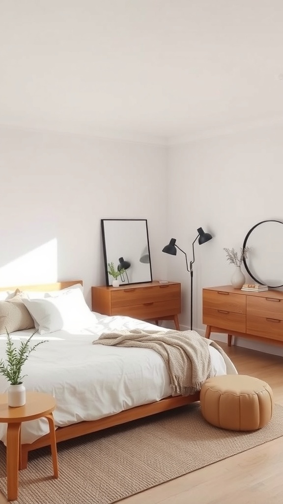 A contemporary minimalist bedroom showcasing a wooden bed, neutral bedding, and chic lamps.