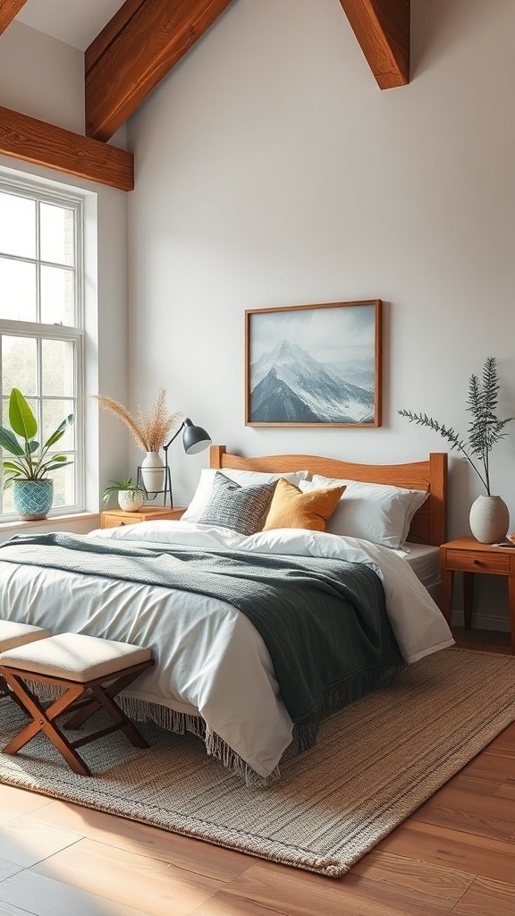 A modern bedroom with wood beams, a cozy bed, and plants showcasing a sustainable design.