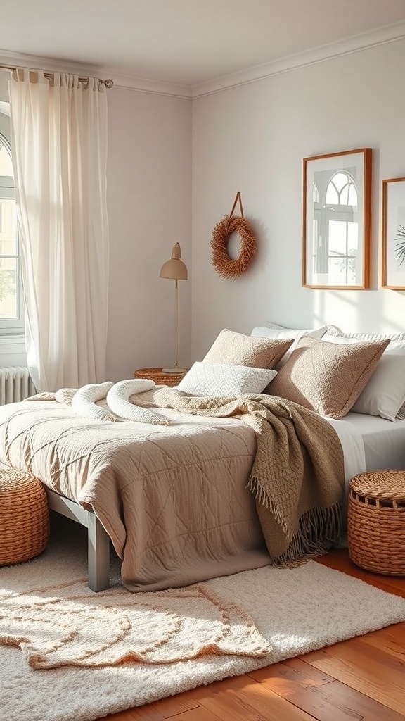 A cozy contemporary bedroom adorned with layered textiles, soft colors, and natural materials.