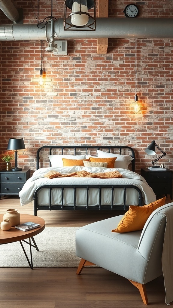 A modern bedroom showcasing industrial chic style with a metal bed frame, exposed brick wall, and inviting lighting.