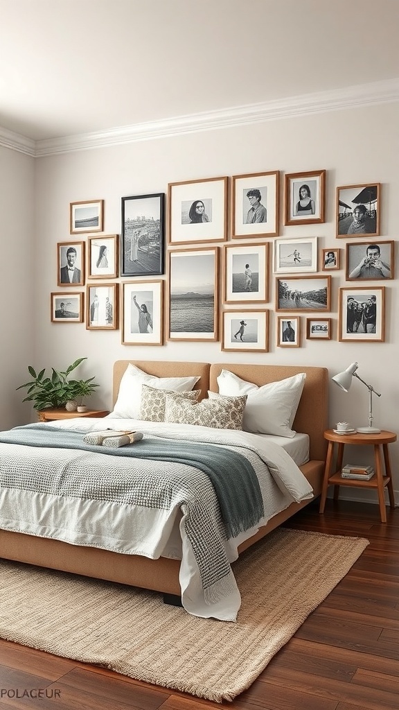 A modern bedroom showcasing a gallery wall filled with framed black-and-white images.