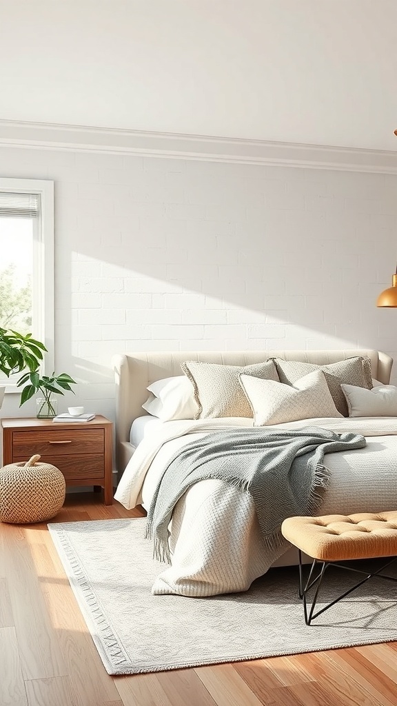 A modern bedroom with textured walls, inviting bedding, and elegant furnishings.