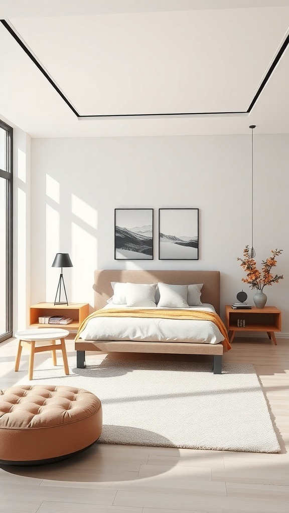 A modern bedroom characterized by floating furniture, featuring a low bed, side tables, and a round ottoman in a bright, airy environment.