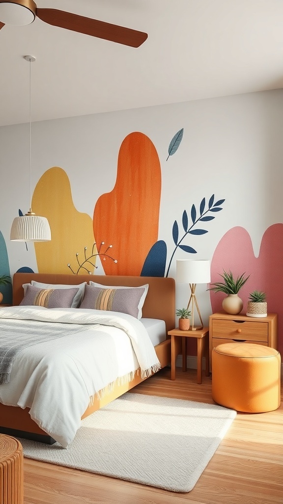 Modern bedroom featuring a vibrant wall mural with organic forms and warm tones.