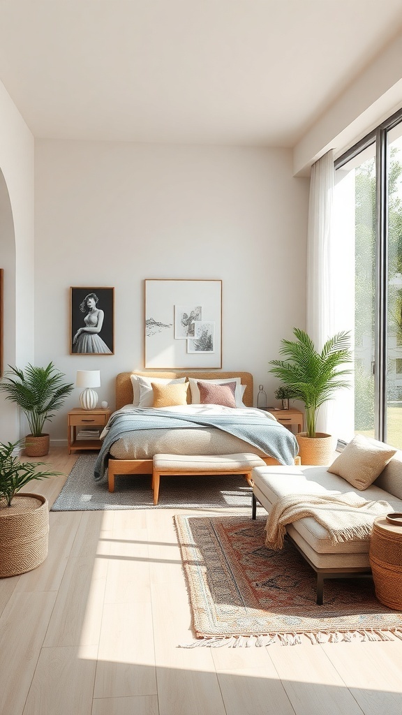 Contemporary bedroom designed with an open layout, large windows, plants, and inviting decor.
