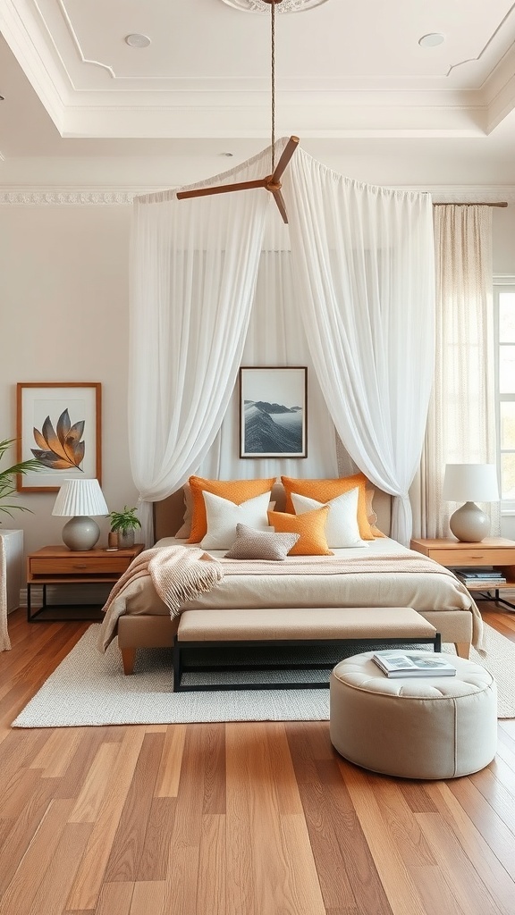 A modern bedroom showcasing a canopy bed adorned with sheer drapes and orange cushions, framed by wooden furniture.