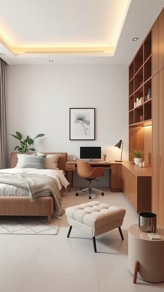 A modern bedroom featuring a workspace integrated with a desk and a cozy bed.
