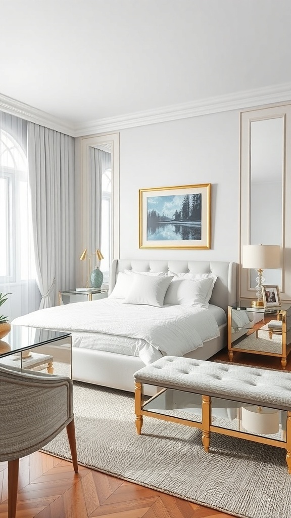 A sleek modern bedroom featuring mirrored furniture, a soft bed, and elegant curtains.