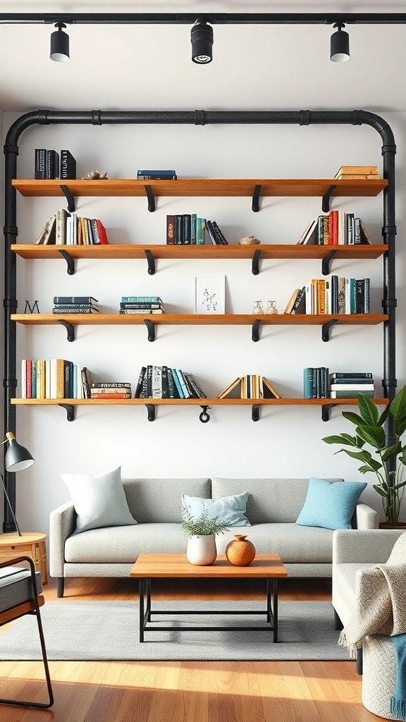 Industrial pipe bookshelves featuring wooden shelves and black piping in a contemporary lounge.