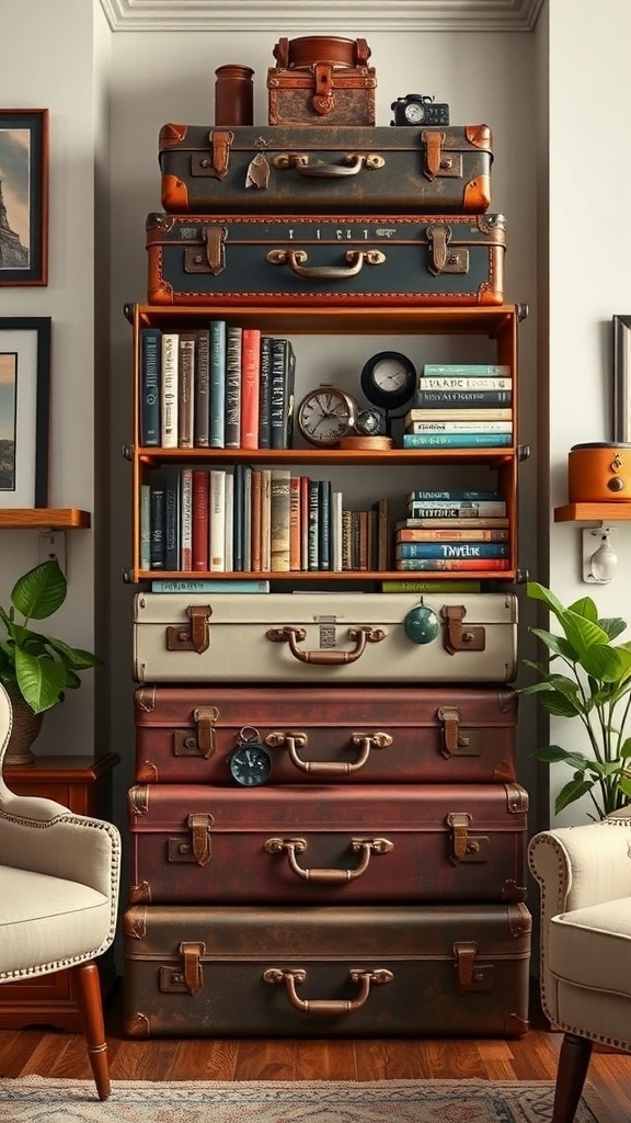 A bookshelf comprised of stacked vintage suitcases, filled with books and decorative pieces.