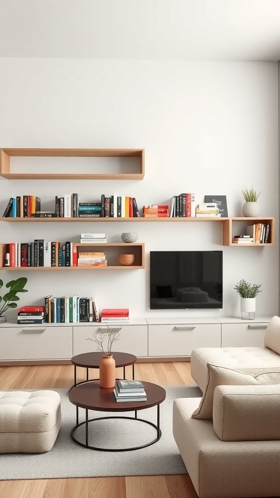 A modern lounge showcased with floating shelves adorned with books and decorative items.