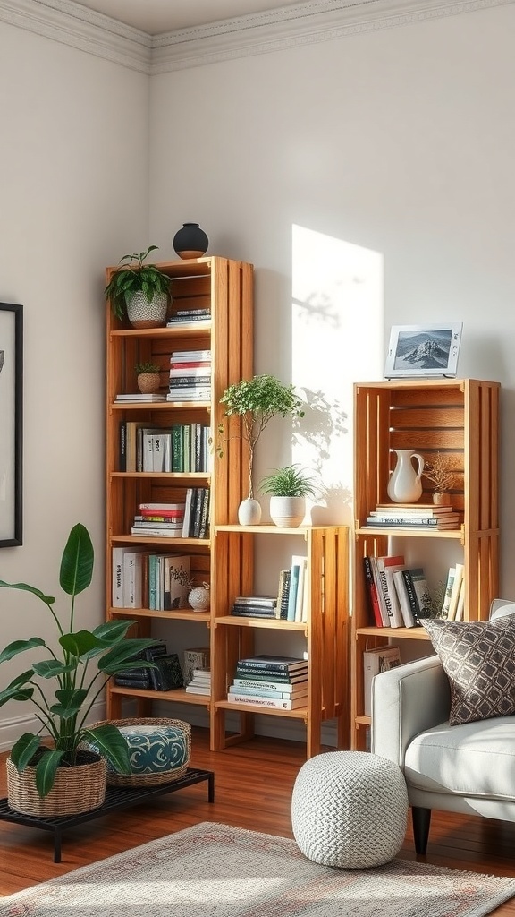 A cozy corner featuring repurposed wooden crates as bookshelves, displaying books and greenery.