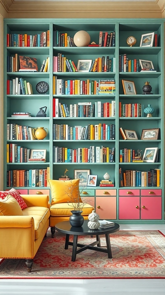 A vibrant bookcase brimming with books, featuring a cheerful yellow sofa and a contrasting black coffee table.