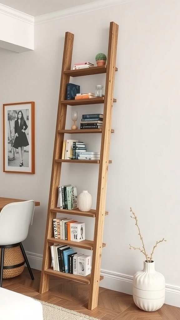 A wooden ladder bookshelves creatively displaying books and decor.