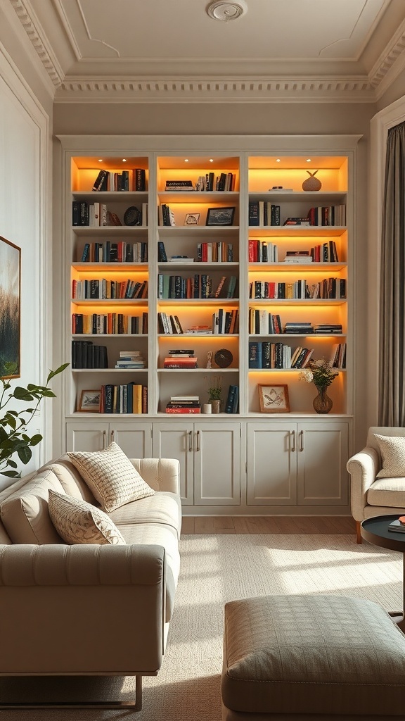 A beautifully designed modern built-in bookshelf with warm lighting, filled with books and decor in a comfortable living area.