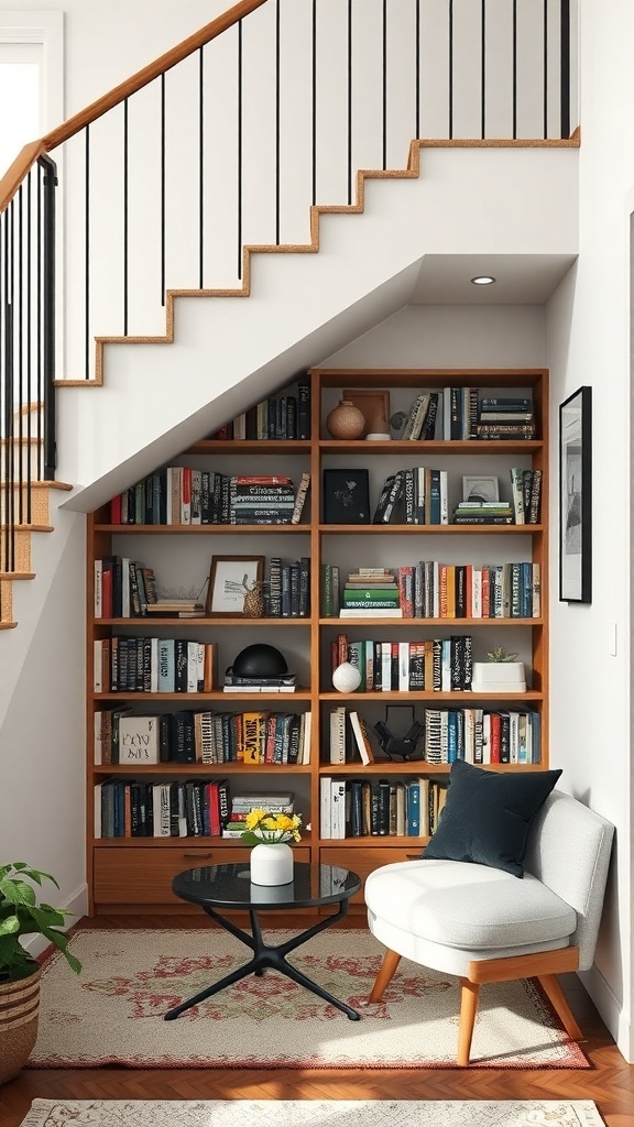 Charming under-stair bookshelf featuring a chair and small table.