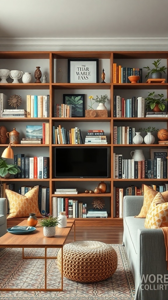 A cozy living room showcasing a themed bookshelf filled with books and decor.