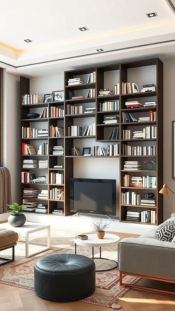 A stylish bookshelf with a modern design, showcasing a mix of books and decor in a comfortable living room setting.