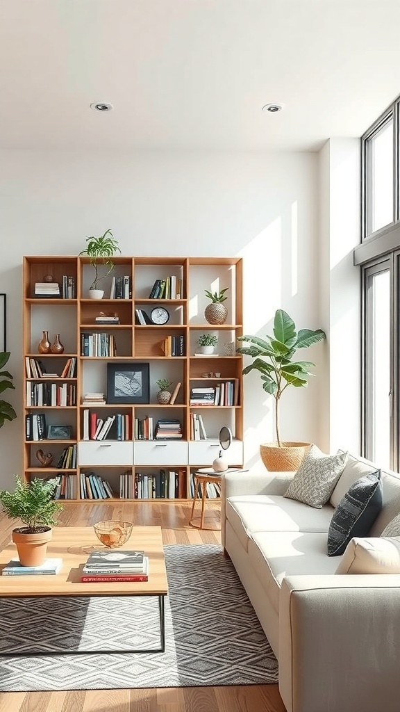 An elegant bookshelf acting as a room separator in a bright living area, featuring plants and decorative objects.