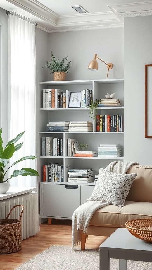 A stylish corner bookshelf adorned with books and decor in a comforting living room.