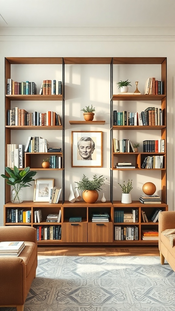 A stylish modular bookshelf displaying books, plants, and decorative items in a cozy living room.