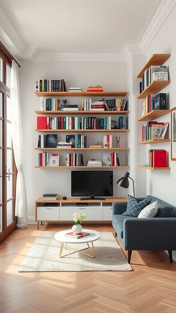 A cozy living area featuring wall-mounted bookshelves filled with books and decor, accompanied by a modern TV stand and a comfy couch.