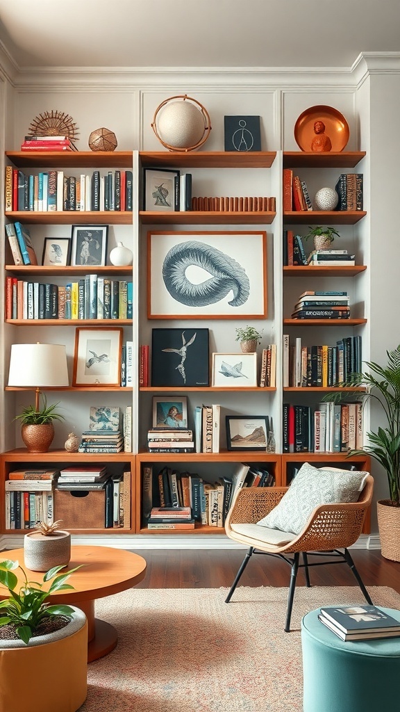 A chic eclectic bookshelf display featuring books, art, and decorative objects.