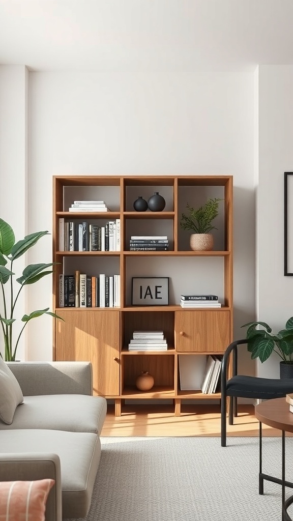 A minimalist wooden bookshelf elegantly arranged with books and decor in a bright room.
