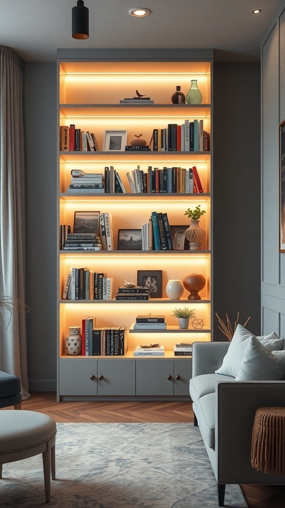 A modern bookshelf with integrated lighting showcasing books and decorative items.