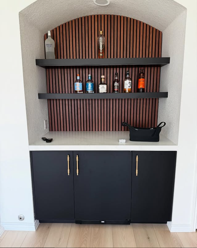 Minimalist Alcove Bar with Warm Wood Features