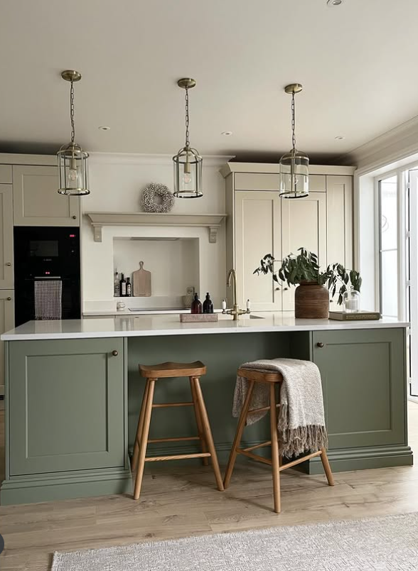 Elegant Sage Green Island Surrounded by Warm Neutrals